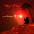 Abstract red background. Desert, pyramid, bedouin, red night. Magic Asia.