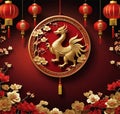 golden dragon statue in a circle with a red abstract background.generate Ai