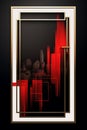 abstract red and black cityscape with gold frame on a black background