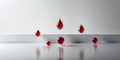 Abstract red drops and spheres on a white surface. Generative AI Royalty Free Stock Photo