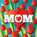 Abstract Red Floral Greeting card - Happy Mothers Day - MOM- and red hearts with Bunch of Spring Royalty Free Stock Photo