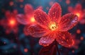 Abstract red flower glows with internal light and digital circuit patterns. Tiny bright sparks and glowing lights surround the Royalty Free Stock Photo