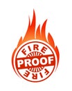 Abstract red grunge rubber stamp with caption FIREPROOF and blazing fire Royalty Free Stock Photo