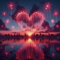 Abstract red heart shaped firework in sunset at the lake, Celebration fireworks display, Valentine's day. ai Royalty Free Stock Photo