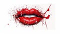 Abstract red lips on white background. Paint splatter lipstick kiss. Ruby smile with speckled drops. Royalty Free Stock Photo