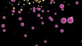 Abstract red particles, green, yellow in the form of balls of different diameters, a crimson polyhedron on a black background of