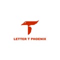 Abstract red phoenix shape on T letter, alphabetical logo with animal shape illustration.