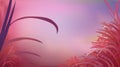 Abstract red pink colour background with glade grass, horizontal panoramic view. Meadow blur. Vector illustration