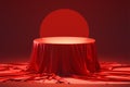 Abstract red podium cover shrouds mystery object, textured rendering