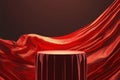 Abstract red podium cover shrouds mystery object, textured rendering