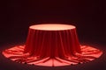 Abstract red podium cover shrouds mystery object, textured rendering