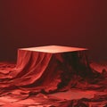 Abstract red podium cover shrouds mystery object, textured rendering