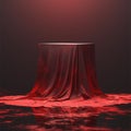 Abstract red podium cover shrouds mystery object, textured rendering