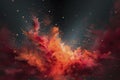 Abstract red powder explosion. Closeup of red dust particle splash on white background