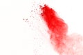 Abstract of red powder explosion on white background. Red powder splatted isolate. Colored cloud. Colored dust explode. Paint Holi Royalty Free Stock Photo