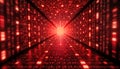 Abstract red tech tunnel. Digital code patterns fill walls, floor. Futuristic matrix design. Intense red lights create dynamic Royalty Free Stock Photo