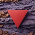 Abstract red triangular shape positioned on textured bark background, showcasing a striking contrast between smooth geometry and Royalty Free Stock Photo
