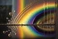 Abstract reflection background with water and rainbows. Flowing gold liquid with prism colors wallpaper. Royalty Free Stock Photo