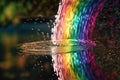 Abstract reflection background with water and rainbows. Flowing gold liquid with prism colors wallpaper. Royalty Free Stock Photo