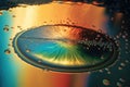 Abstract reflection background with water and rainbows. Flowing gold liquid puddle with prism colors wallpaper. Royalty Free Stock Photo