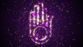 Purple Colorful Shiny Jainism Symbol Hand With A Wheel On The Palm Dotted Lines Silhouette With Glitter Sparkle Particles