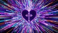 Abstract Religious Purple Colorful Shine Christianity Cross In Heart Lines With Dotted Lines Light Burst Particle Rising Royalty Free Stock Photo