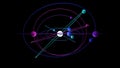 Futuristic orbital system with multicolored spheres and complex intersecting paths symbolizing atomic or planetary systems Royalty Free Stock Photo