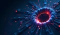 Abstract rendering of a blue and red circular structure with radiating lines and particles around it Royalty Free Stock Photo