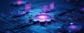 Abstract rendering of gear mechanism with digital technology interface in neon lighting