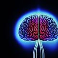 Abstract rendering of a glowing blue human brain with nerve cords against a dark background, made with generative AI Royalty Free Stock Photo