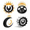 abstract repair service details logo set, car wheels elements, mechanical tools vector illustrations collection