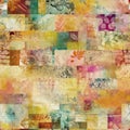 Abstract repetition background with a grunge patchwork and floral elements, multicolor seamless pattern