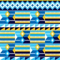 Tribal african seamless vector pattern with geometric shapes, Kente nwentoma style inspired vector design in blue and yellow Royalty Free Stock Photo