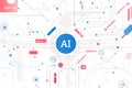 Abstract representation of AI with overlapping graphics and code snippets, concept of artificial intelligence. 3D Royalty Free Stock Photo