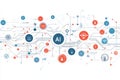This is an abstract representation of artificial intelligence with overlapping graphics and code snippets on a white Royalty Free Stock Photo