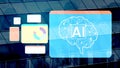 Abstract representation of artificial intelligence technology with digital graphics and modern building reflecting in Royalty Free Stock Photo