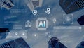Abstract representation of artificial intelligence technology in a modern urban environment with skyscrapers and digital Royalty Free Stock Photo