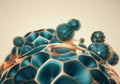 Abstract representation of blue and gold molecular structures with bubbles