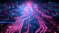 Futuristic Circuit Board with Glowing Paths of Data Transfer and Artificial Intelligence Royalty Free Stock Photo