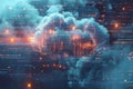 Abstract representation of cloud computing with digital elements representing data processing and AI operations within a Royalty Free Stock Photo