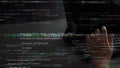 Abstract Digital Code Overlay with Hands Typing on Keyboard, Depicting Programming, Technology, and Software Development Royalty Free Stock Photo