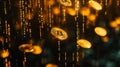An Abstract Representation of Digital Gold Coins Descending Through a Stream of Binary Code