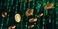 Abstract Representation of Digital Gold Coins Descending Through a Stream of Binary Code