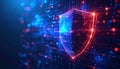 Abstract representation of digital security with a glowing futuristic shield icon protecting a data network from cyber threats The Royalty Free Stock Photo