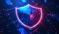 Abstract representation of digital security and network protection featuring a glowing neon shield overlaid on a futuristic Royalty Free Stock Photo