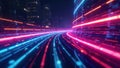 Abstract representation of digital stream of data moving through a neon-lit futuristic network pathway at high velocity. Royalty Free Stock Photo