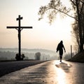 Abstract of Easter cross crucifixion and Jesus Christ on the road in the evening Royalty Free Stock Photo
