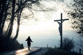 Abstract of Easter cross crucifixion and Jesus Christ on the road in the evening Royalty Free Stock Photo