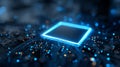 Abstract representation of a glowing blue square central processing unit glowing brightly on a dark futuristic computer circuit Royalty Free Stock Photo