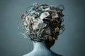 Abstract representation of human mind entangled with wires, representing technology, chaos, and modern-life challenges in a Royalty Free Stock Photo